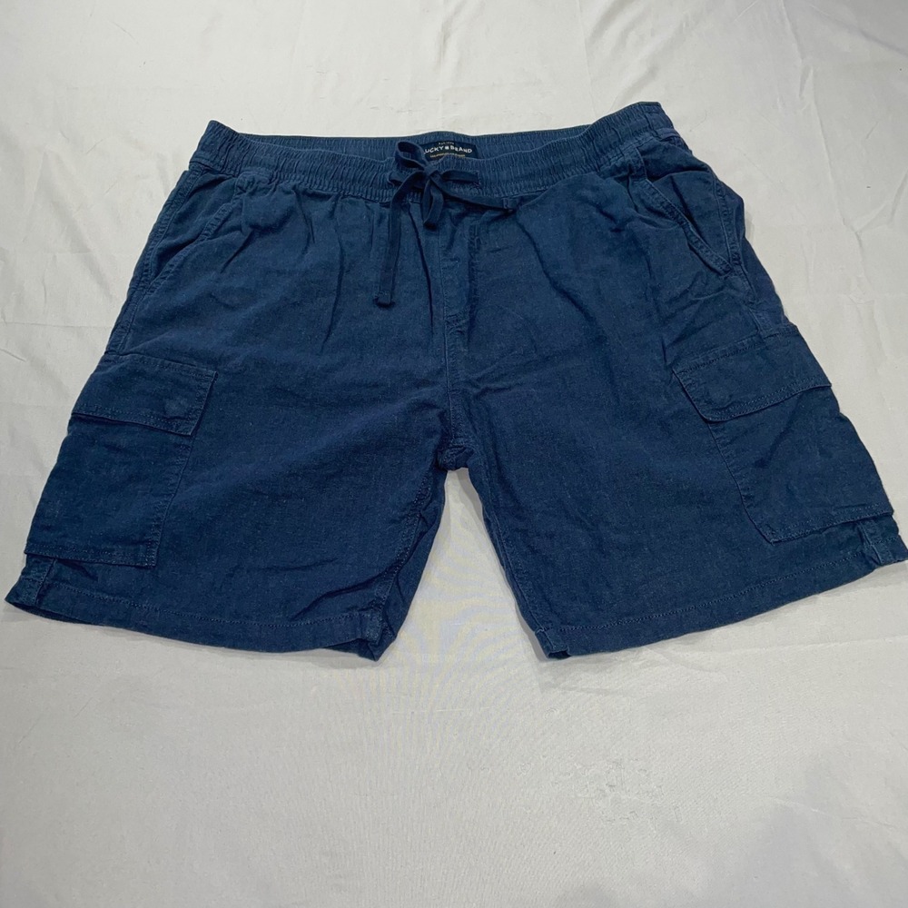 Lucky Brand Mens Navy Blue Linen Blend Cargo Shorts XL 7MD2174 Drawstring Waist